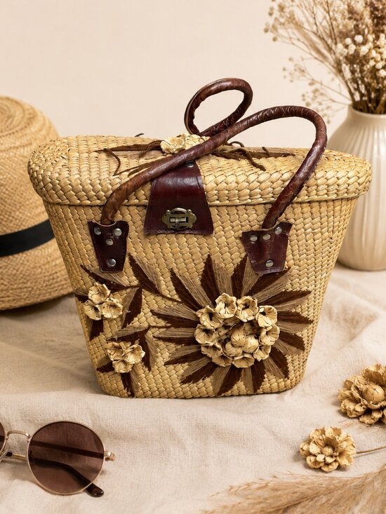 Handbags - Vintage Woven Straw Basket Purse Floral Raffia Picnic Cottagecore Bag